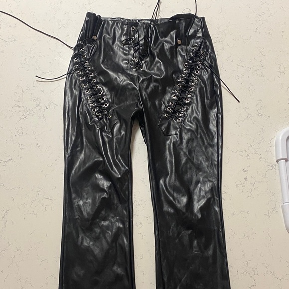 Pants - Black Lace-Up Leather Pants